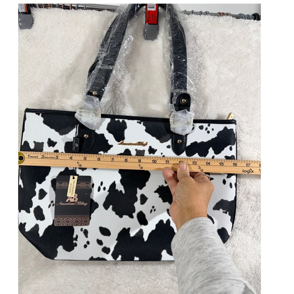 American Bling Cow Print Tote Shoulder Bag Vegan Leather Zip Pocket NWT